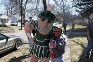 Schad employee with Sparty the Spartan