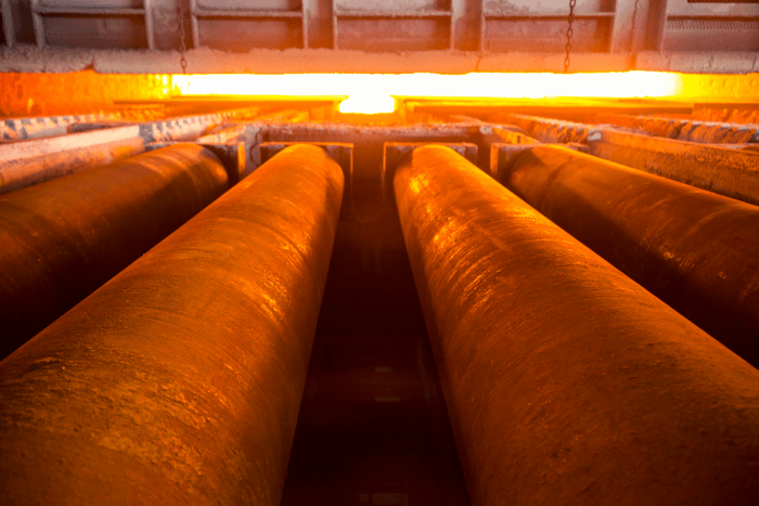 View of a walking beam furnace at a steel facility. Schad offers walking beam furnace repairs.